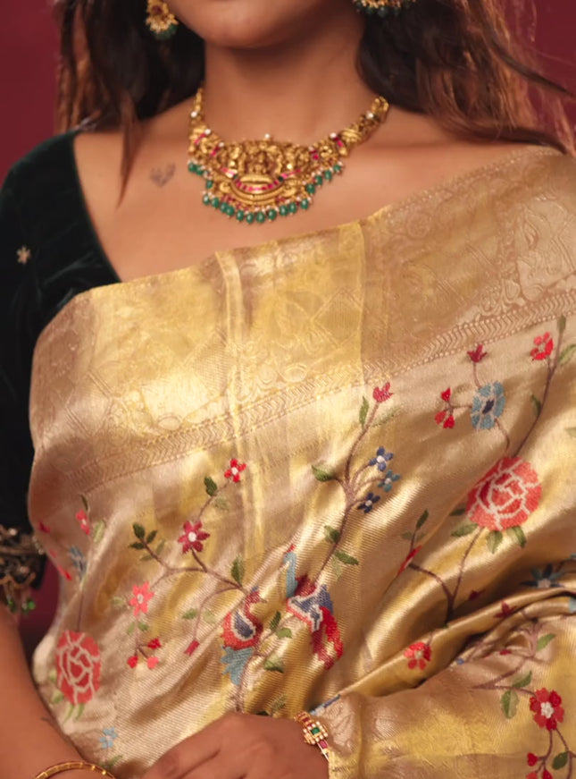Golden tissue pure kanchipuram silk saree with allover embroidery