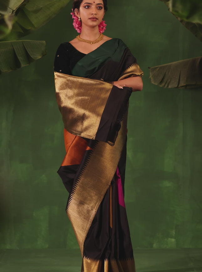 Green-Black Pure Kanchipuram Silk Saree With zari woven Temple Border