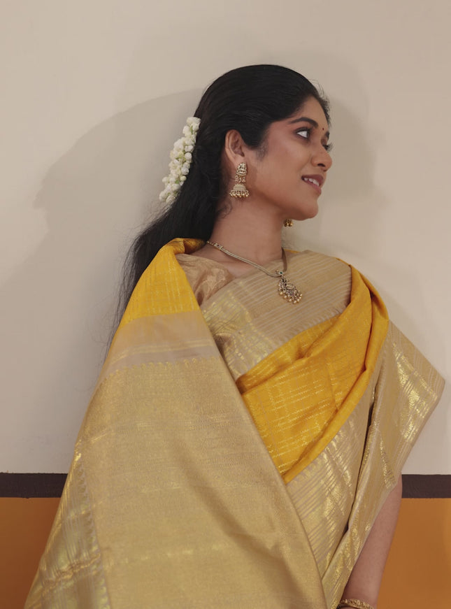 Mustard Yellow -Cream Pure Kanchipuram Silk Saree With Allover zari weaves & long rich zari border