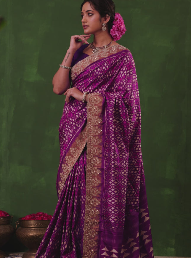 Purple Pochampally Silk Saree With Border Embroidery
