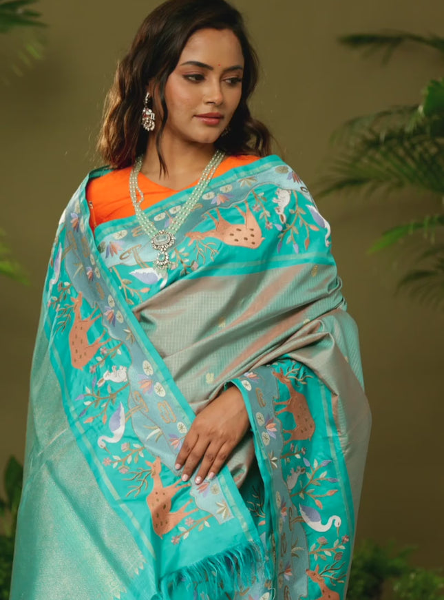 Dual shade of Teal Kanchipuram Silk saree with Border Embroidery