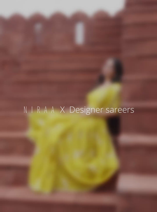 Banarasi silk saree lime yellow with floral zari woven buttas and beaded work border