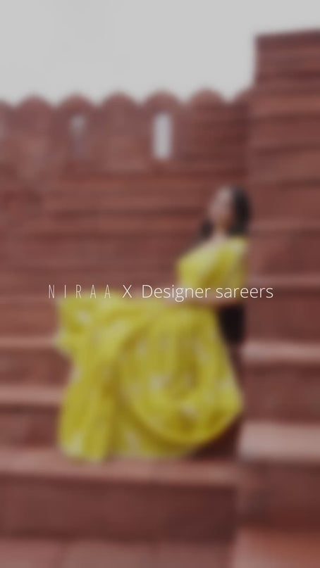 Banarasi silk saree lime yellow with floral zari woven buttas and beaded work border