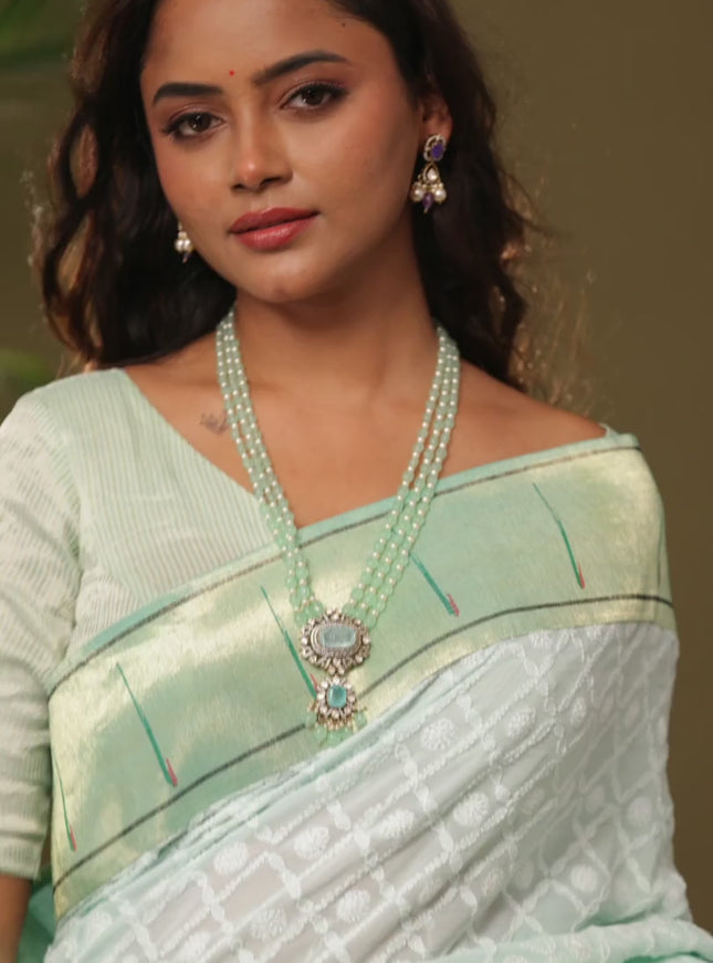 Pastel green Georgette Saree with Chikankari Work & paithani pallu