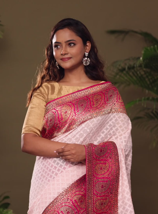 Off white & Pink Georgette saree with Chikankari Work & banaras border