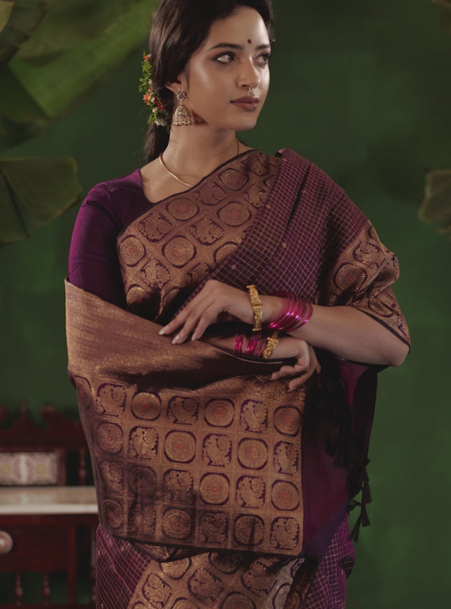 Purple Pure Kanchipuram Silk Saree With Allover Zari Checked Pattern