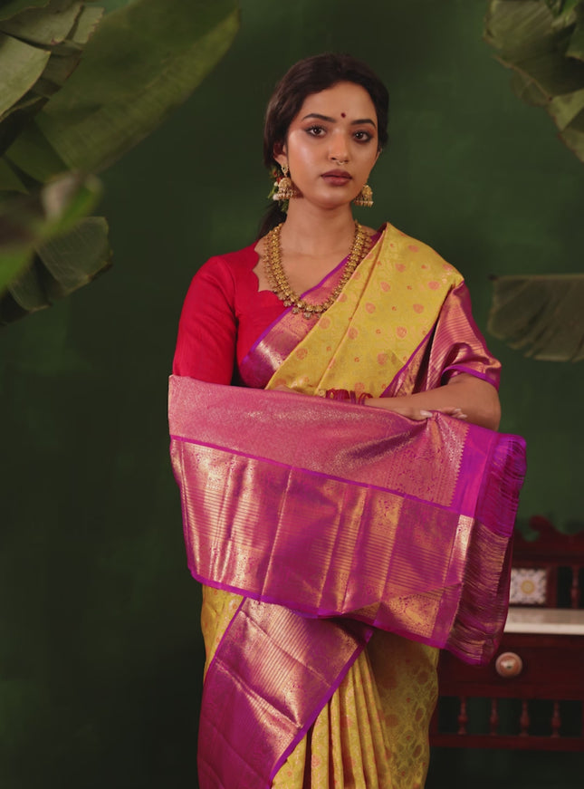 Yellow-Purple Pure Kanchipuram Silk Saree With Allover Zari woven Brocade weaves
