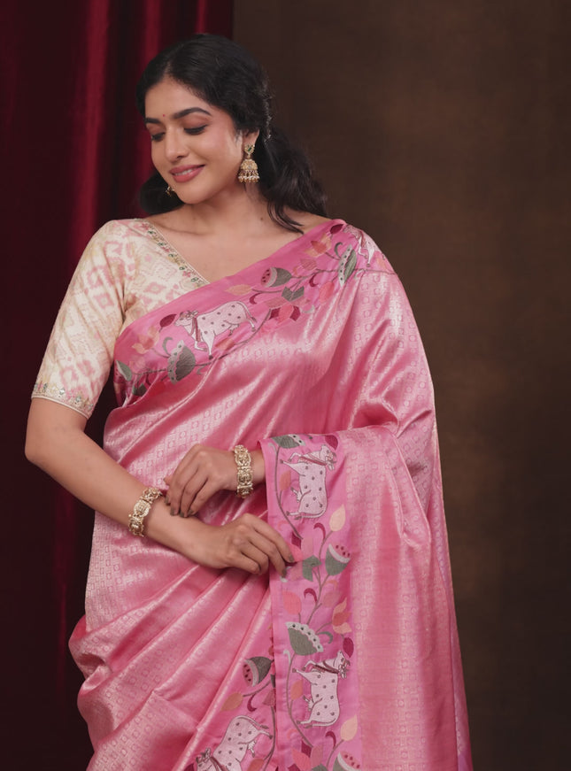 Light Pink Pure Kanchipuram Silk Saree With Rudhraksha zari weaves & Pichwai Design Border Embroidery