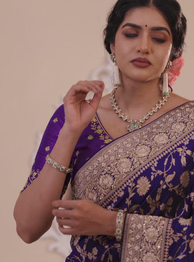 Violet Banarasi Uppada silk saree with allover zari weaves & embroidery border