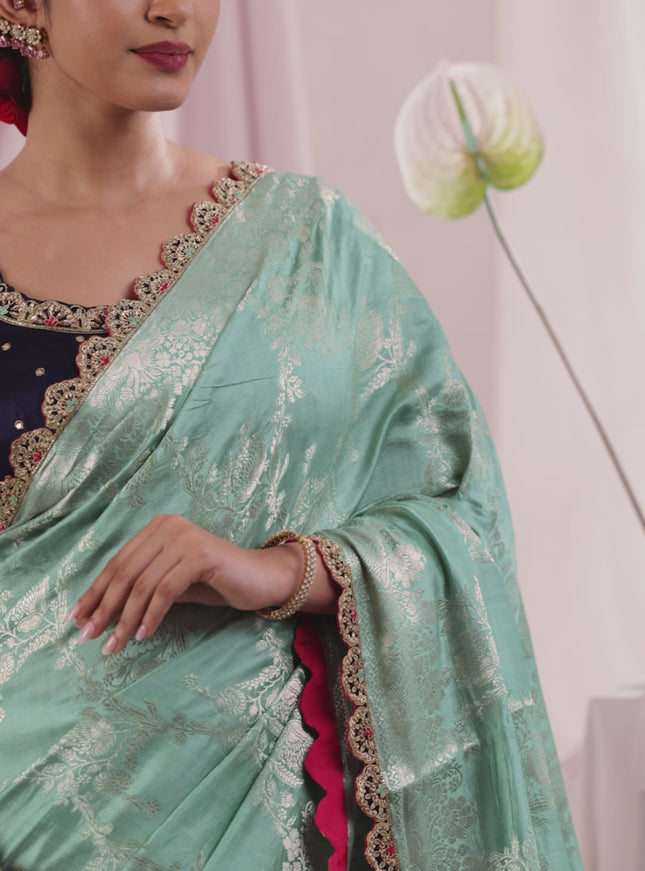Teal Shade-Navy Blue Chiniya silk Saree with silver zari weaves & Embroidery Readymade Blouse
