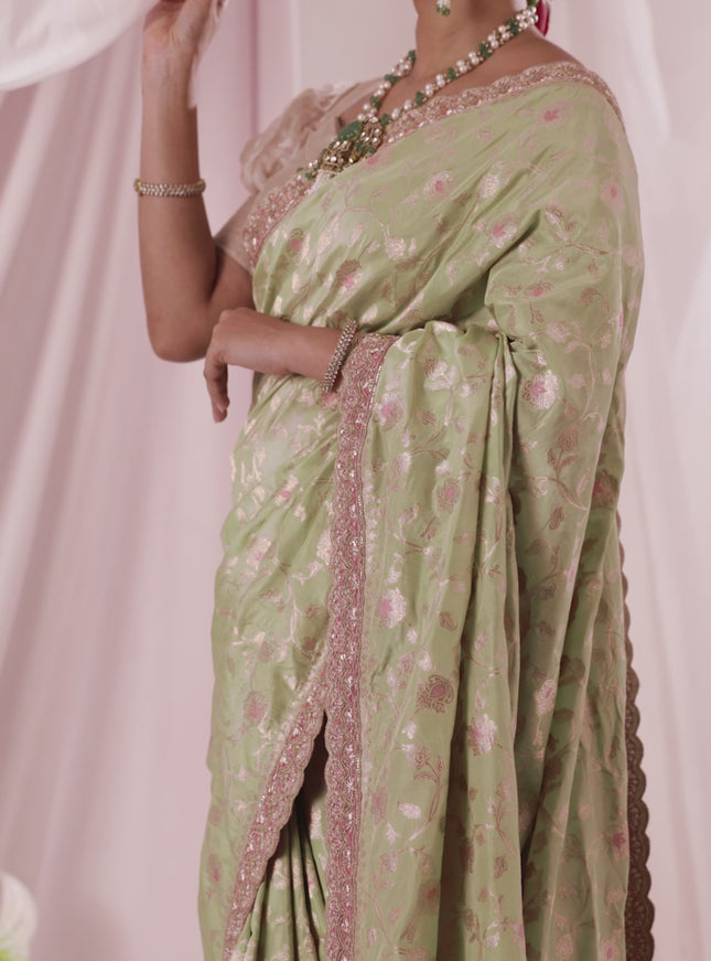Pastel Green-Peach Pink Banarasi Uppada silk saree with allover zari weaves & embroidery border