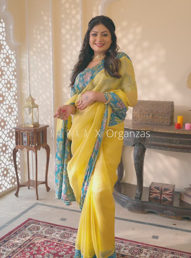Pure organza silk saree yellow and cs blue with plain body and kalamkari printed pita work border
