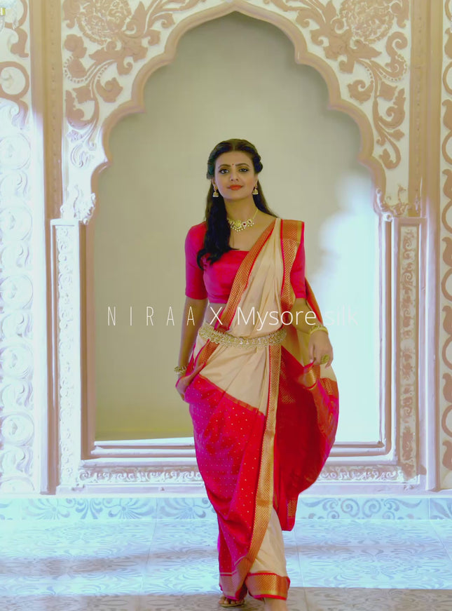 Pure mysore partly silk saree beige and pink with plain body and zari woven border