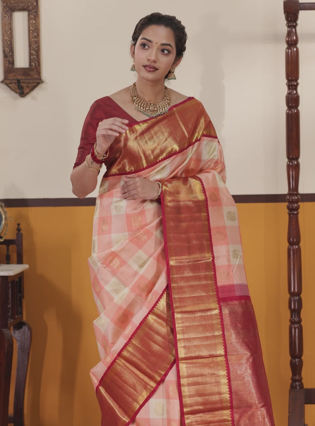Peach pink-Maroon Pure Kanchipuram Silk Saree Paalum pazhamum Checks & Buttas And rich zari border