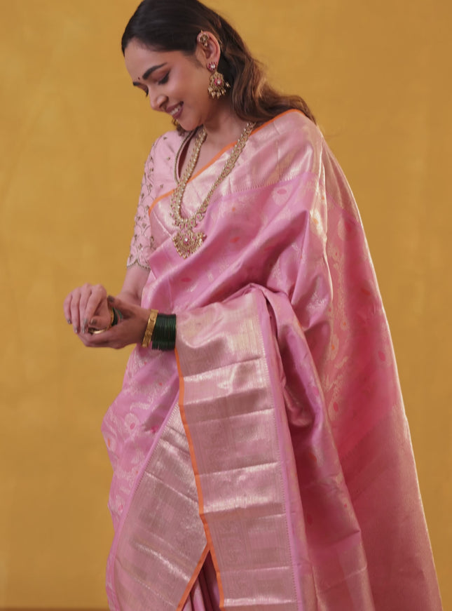 Pastel Pink-Orange Pure Kanchipuram Silk Saree With Allover Zari Weaves