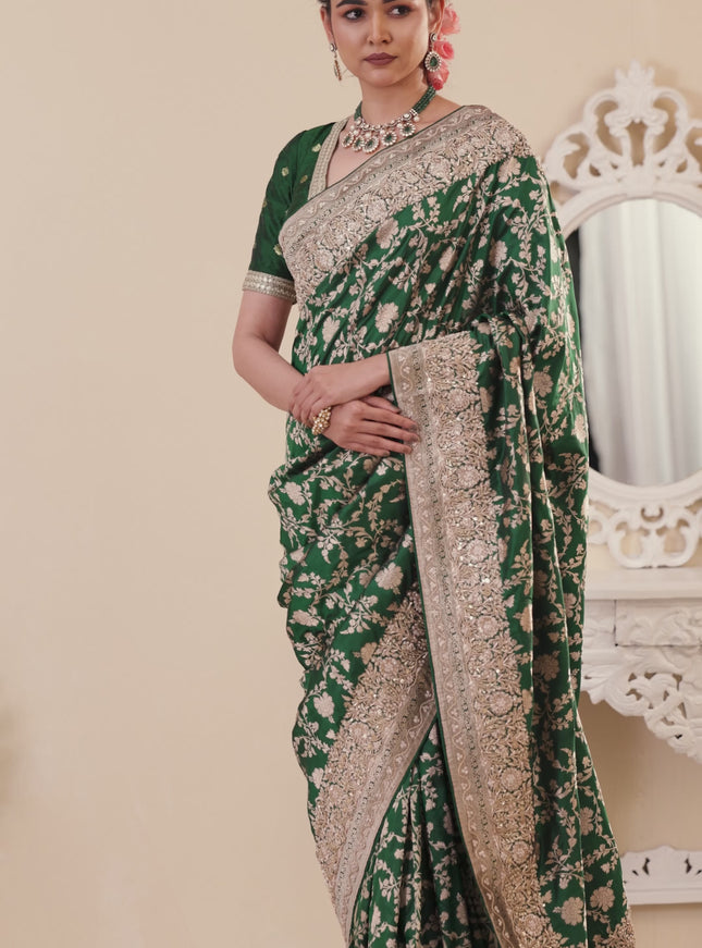 Green Banarasi Uppada silk saree with allover zari weaves & embroidery border