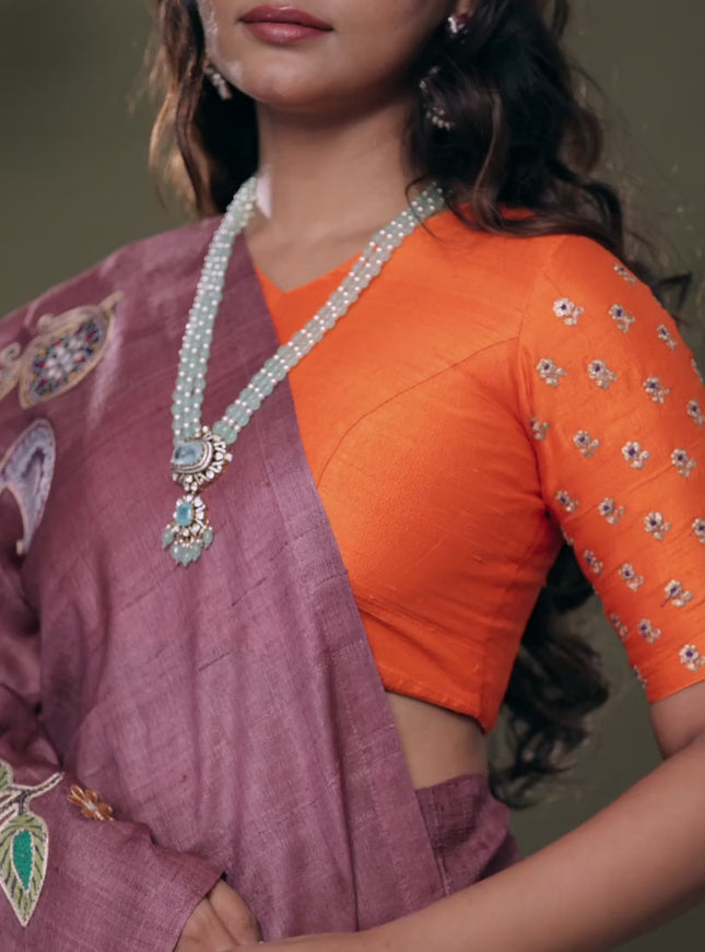 Mauve Pink Tussar silk saree with hand kantha work