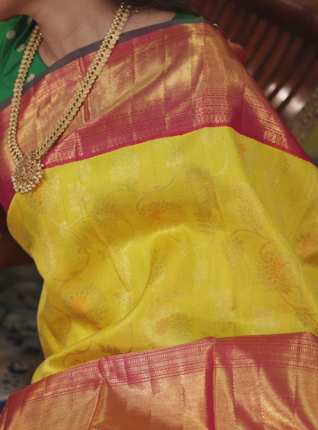 Yellow-pink Pure Kanchipuram Silk Saree With Allover zari weaves & long zari woven border