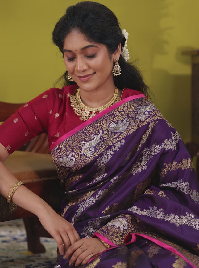 Violet-Pink Pure Kanchipuram silk saree with allover silver & gold zari weaves & piping border