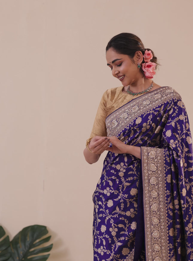 Blue Banarasi Uppada silk saree with allover zari weaves & embroidery border