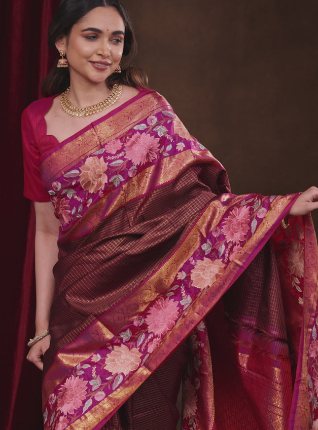 Maroon-Pink Pure Kanchipuram Silk Saree With Zari Checks & Border Embroidery