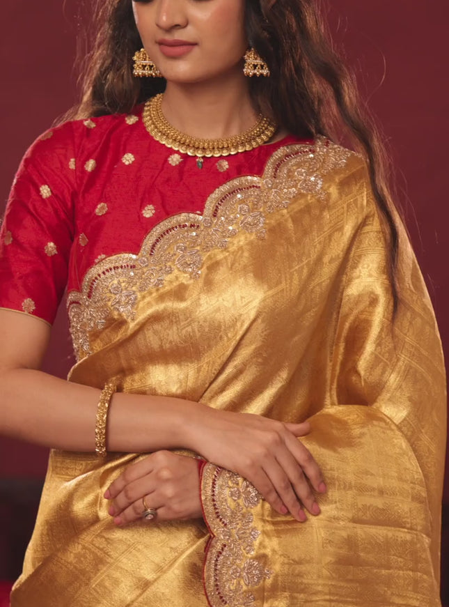 Golden tissue kanchipuram silk saree with allover brocade zari weaves & border embroidery