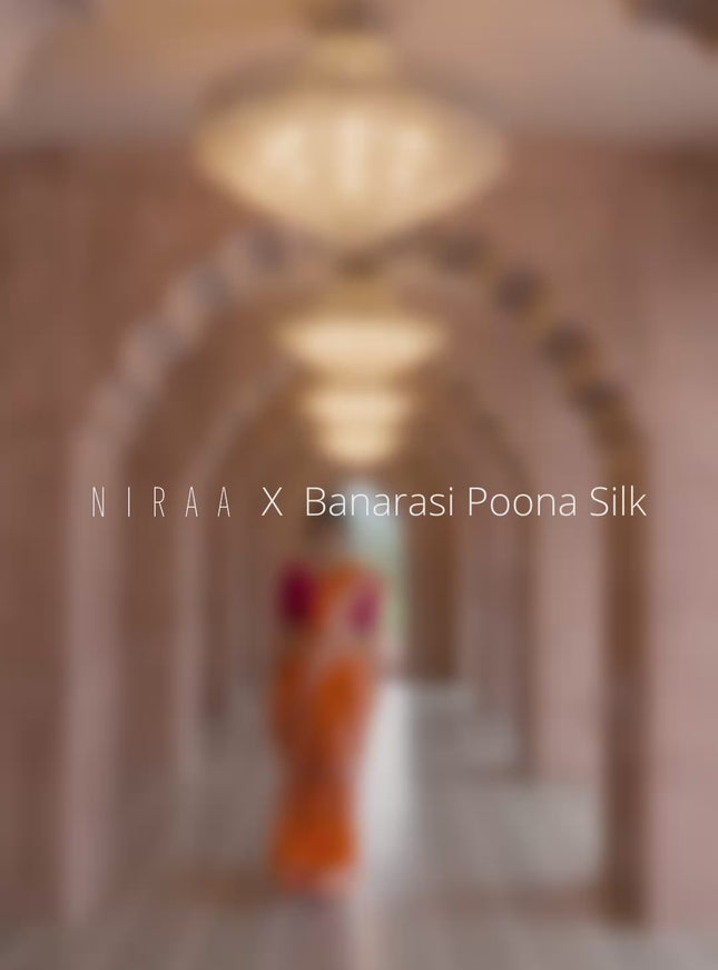 Banarasi poona silk saree orange and pink with allover zari weaves and zari woven border