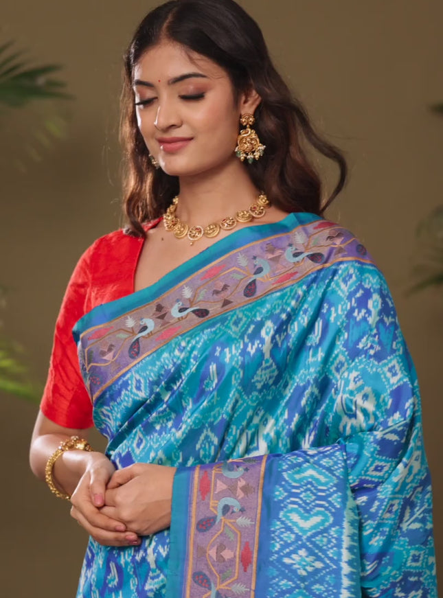 Dual shade of blue Pochampally Silk with Border Embroidery