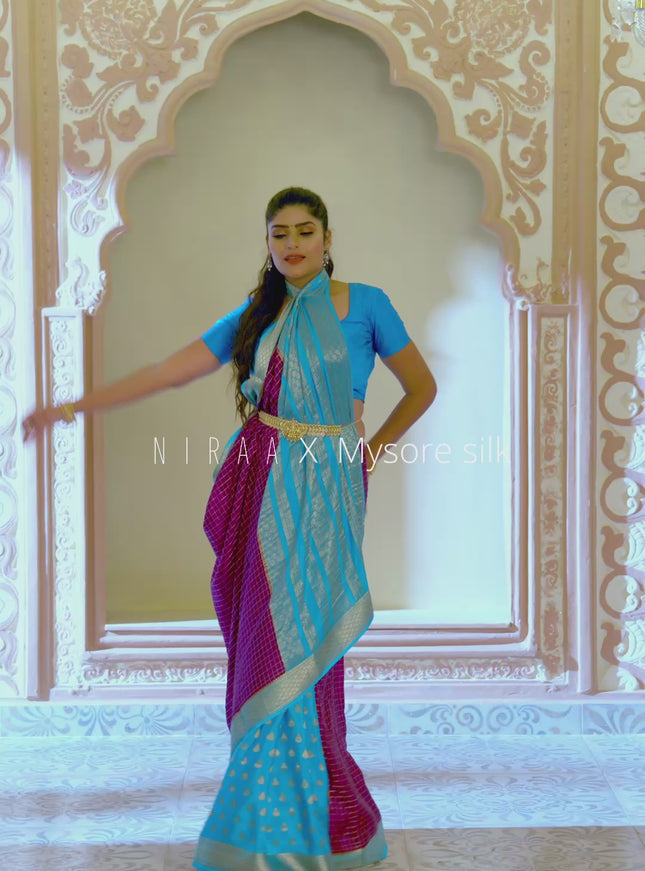 Pure mysore partly silk saree purple and cs blue with allover zari checked pattern and zari woven border