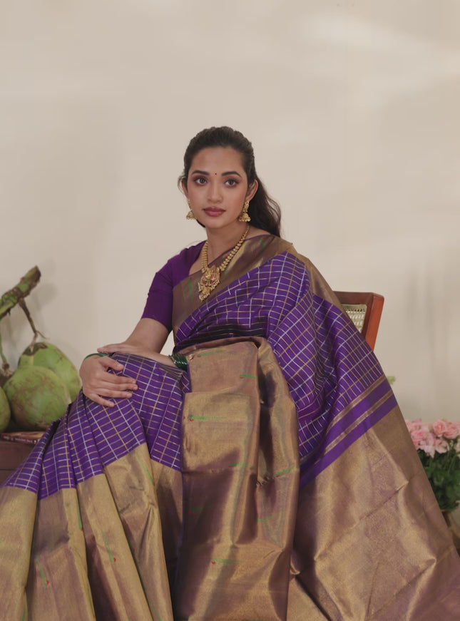 Violet Pure kanchipuram silk saree with allover zari checks & long zari woven muniya butta border