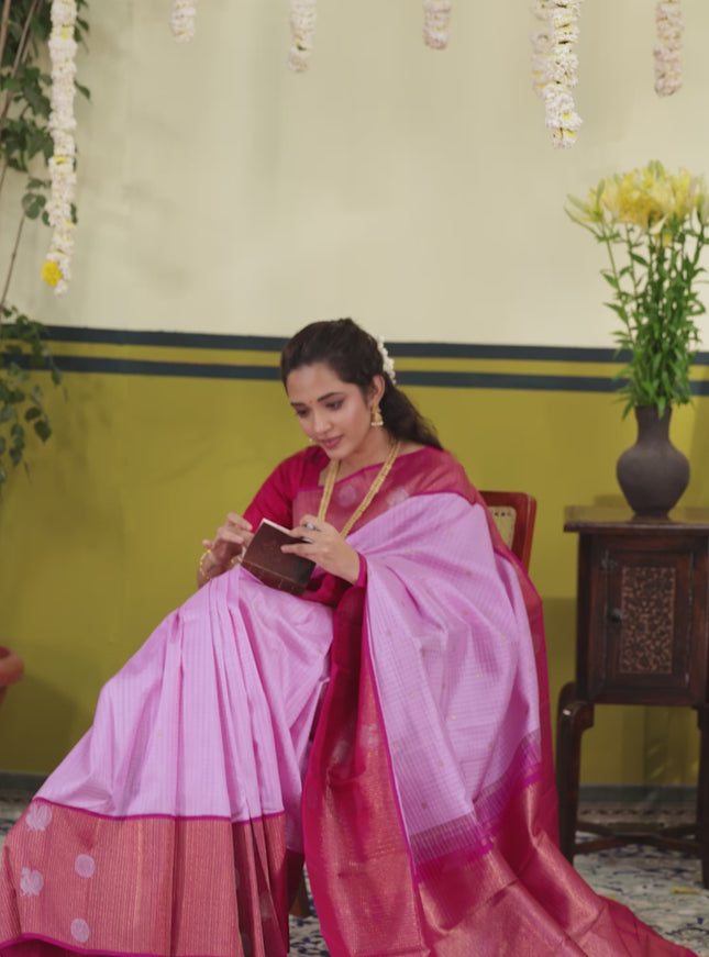 Light pink-Pink Pure kanchipuram silk saree with zari woven buttas & long zari woven border