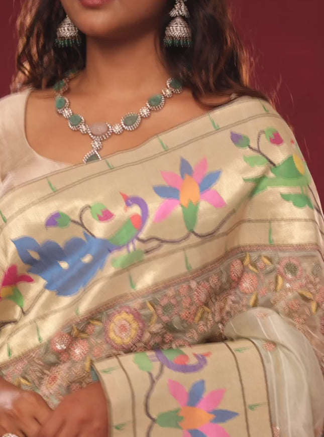 Pista green banarasi organza silk saree with paithani style border & embroidery