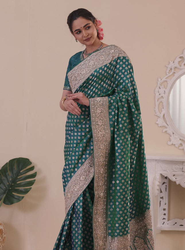 Teal Green Banarasi Uppada silk saree with allover zari woven buttas & embroidery border