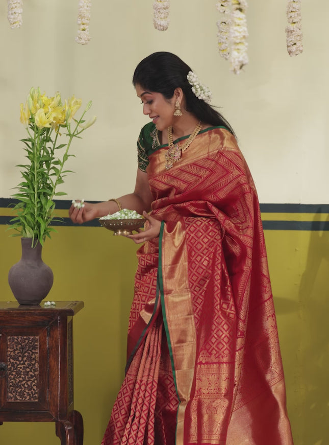 Maroon-Green Pure kanchipuram silk saree with allover zari woven brocade pattern & zari woven border