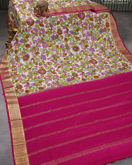 Printed crepe silk sraee beige and pink with allover kalamkari prints and zari woven border - {{ collection.title }} by Prashanti Sarees