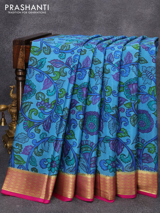 Printed crepe silk sraee blue and pink with allover kalamkari prints and zari woven border - {{ collection.title }} by Prashanti Sarees