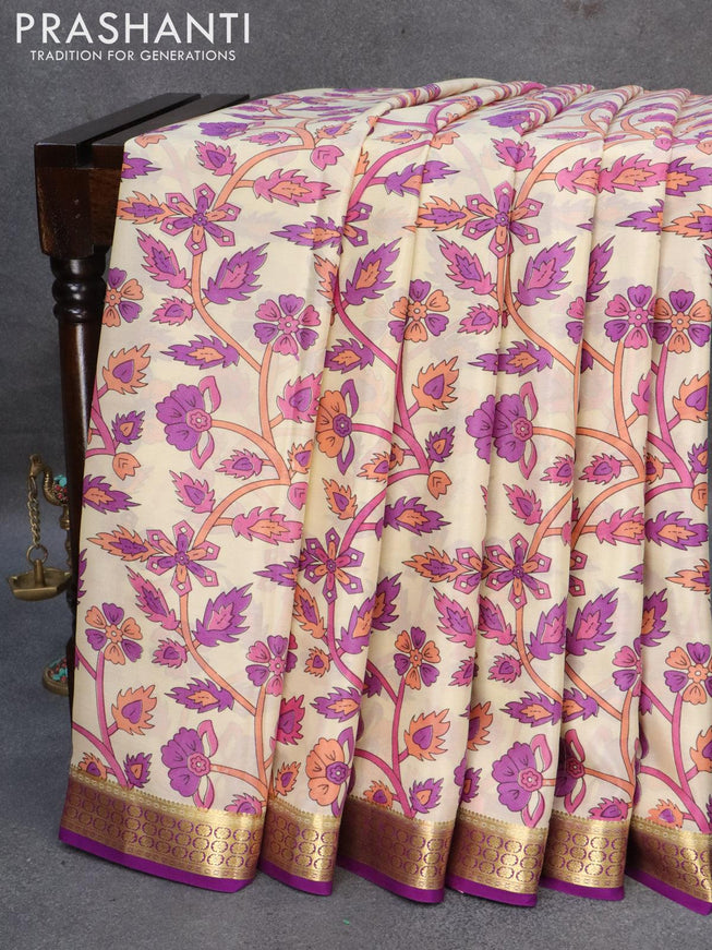 Printed crepe silk sraee cream and violet with allover prints and zari woven border - {{ collection.title }} by Prashanti Sarees