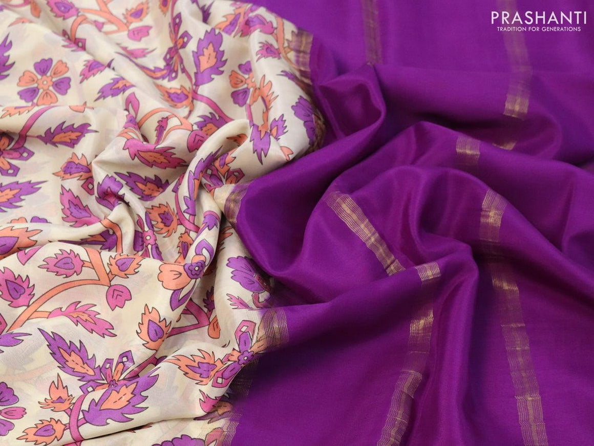 Printed crepe silk sraee cream and violet with allover prints and zari woven border - {{ collection.title }} by Prashanti Sarees