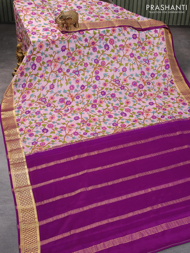 Printed crepe silk sraee lavender shade and purple with allover kalamkari prints and zari woven border - {{ collection.title }} by Prashanti Sarees
