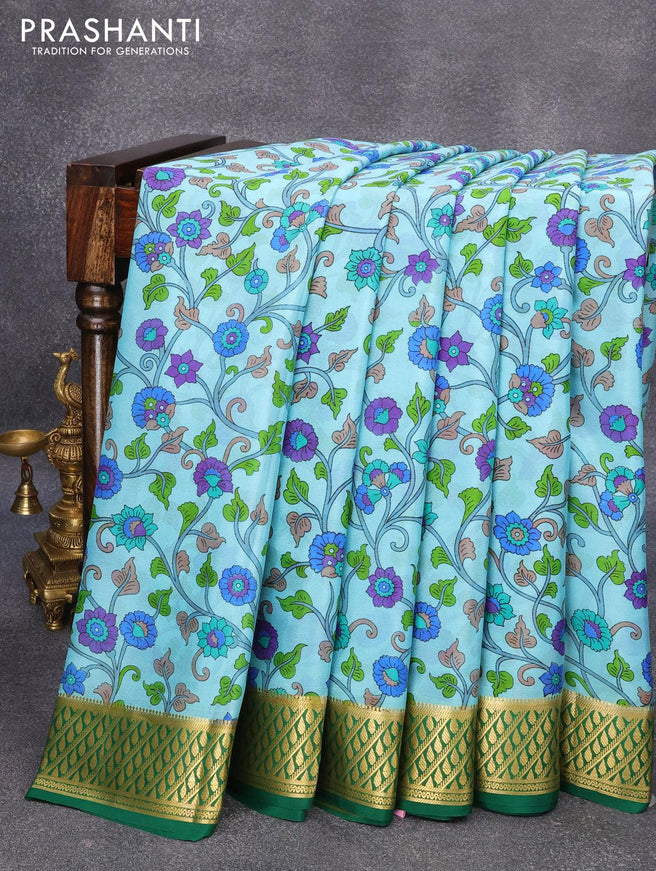 Printed crepe silk sraee light blue and green with allover kalamkari prints and zari woven border - {{ collection.title }} by Prashanti Sarees