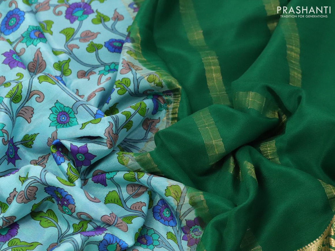Printed crepe silk sraee light blue and green with allover kalamkari prints and zari woven border - {{ collection.title }} by Prashanti Sarees
