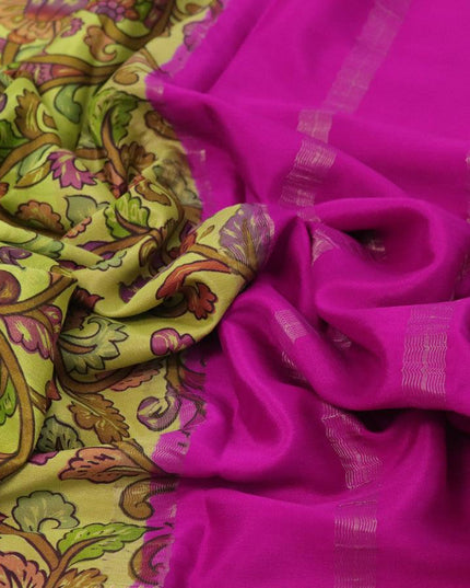 Printed crepe silk sraee light green and pink with allover kalamkari prints and zari woven border - {{ collection.title }} by Prashanti Sarees