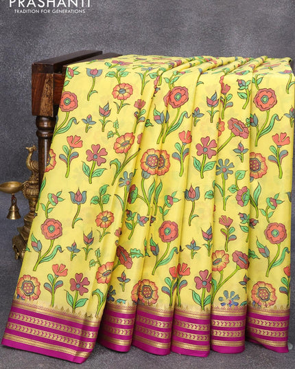 Printed crepe silk sraee lime yellow and purple with allover floral prints and zari woven border - {{ collection.title }} by Prashanti Sarees