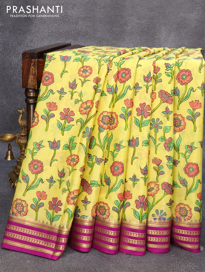 Printed crepe silk sraee lime yellow and purple with allover floral prints and zari woven border - {{ collection.title }} by Prashanti Sarees