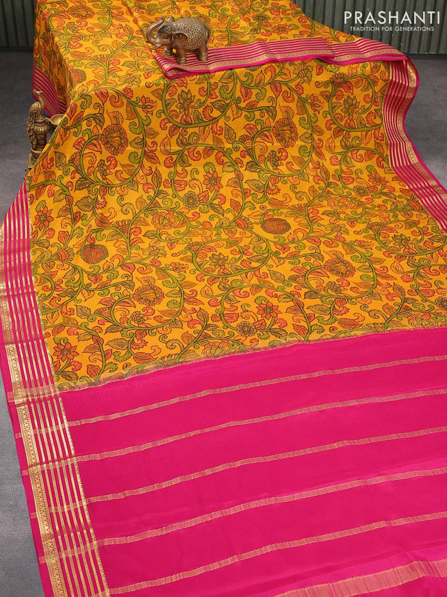 Printed crepe silk sraee mustard yellow and pink with allover kalamkari prints and zari woven border - {{ collection.title }} by Prashanti Sarees