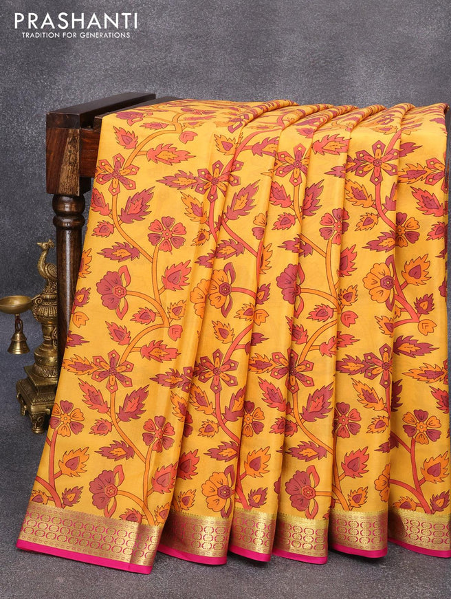 Printed crepe silk sraee mustard yellow and pink with allover prints and zari woven border - {{ collection.title }} by Prashanti Sarees