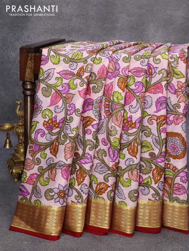 Printed crepe silk sraee pastel pink shade and maroon with allover kalamkari prints and zari woven border - {{ collection.title }} by Prashanti Sarees