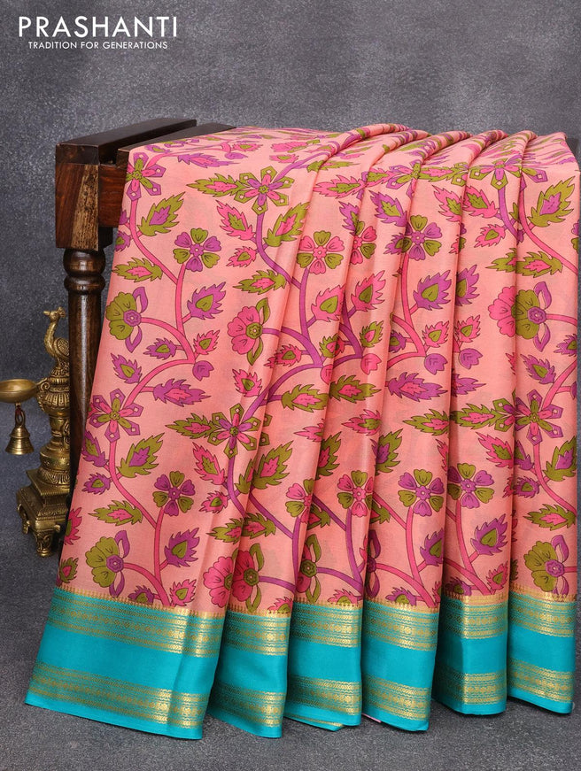 Printed crepe silk sraee peach pink shade and teal green with allover prints and rettapet zari woven border - {{ collection.title }} by Prashanti Sarees