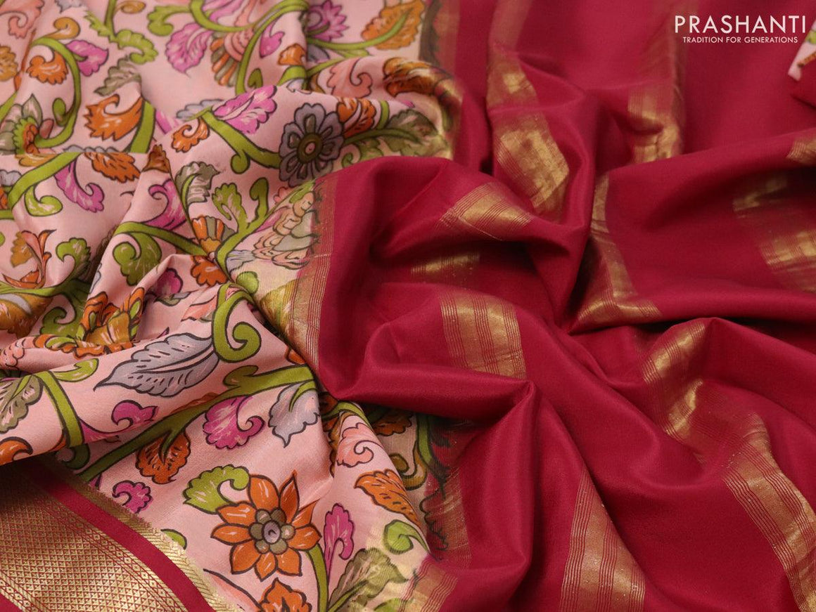 Printed crepe silk sraee peach shade and maroon with allover kalamkari prints and zari woven border - {{ collection.title }} by Prashanti Sarees