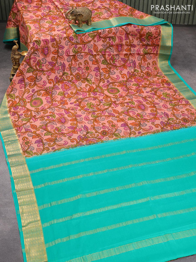 Printed crepe silk sraee peach shade and teal green with allover kalamkari prints and zari woven border - {{ collection.title }} by Prashanti Sarees